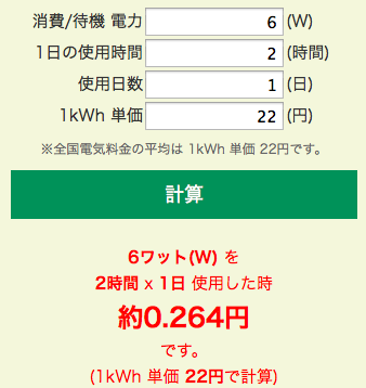 6ワット(W)を 2時間 x 1日使用した時の電気料金は0.264円です。(1kWh 単価 22円で計算) 2015-07-26 14-48-43